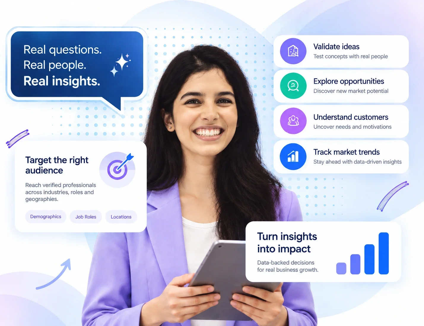 A DataThick research professional with a tablet, surrounded by cards illustrating audience targeting, market validation and research-driven insights